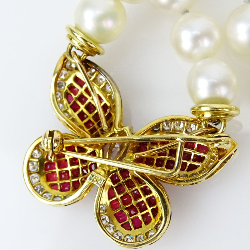 Vintage White Pearl, Approx. 5.75 Carat Round Cut Diamond, 4.25 Carat Invisible Set Square Cut Ruby and 18 Karat Yellow Gold Necklace