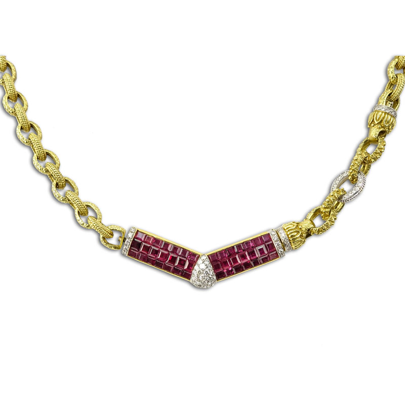 Circa 1960s Finely Made Approx. 8.0 Carat Invisible Set Square Cut Burma Ruby, 1.0 Carat Round Cut Diamond and Heavy 18 Karat Yellow Gold Necklace