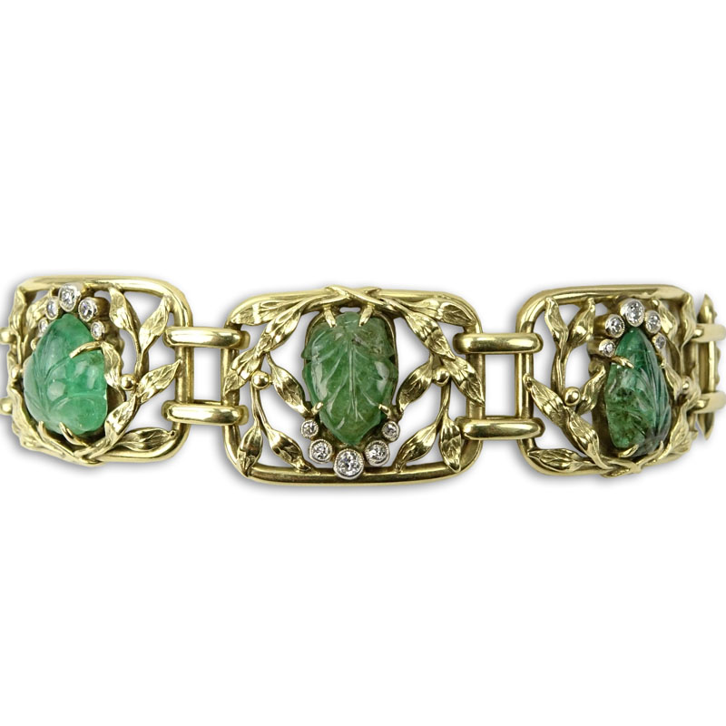 Circa 1900 Art Nouveau Approx. 17.0 Carat Carved Emerald, 1.0 Carat Diamond and 18 Karat Yellow Gold Bracelet
