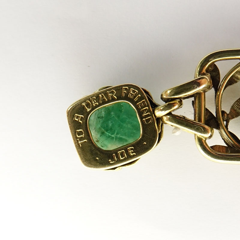 Circa 1900 Art Nouveau Approx. 17.0 Carat Carved Emerald, 1.0 Carat Diamond and 18 Karat Yellow Gold Bracelet