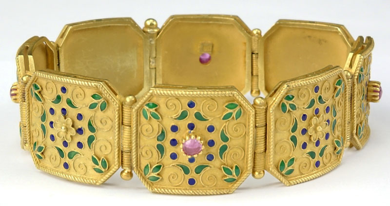 Rare Antique Byzantine style 18 Karat Yellow Gold Hinged Link Bracelet accented with Four Cabochon Rubies and Enamel