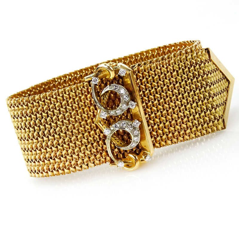 Lady's Retro Heavy 18 Karat Yellow Gold Woven Mesh Strap Bracelet with Diamond Accented Clasp