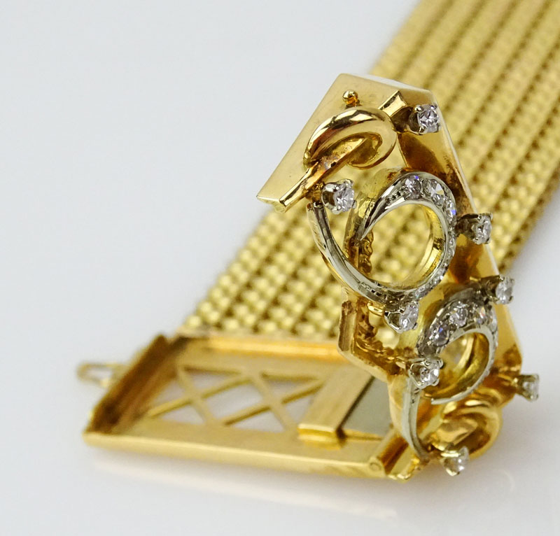 Lady's Retro Heavy 18 Karat Yellow Gold Woven Mesh Strap Bracelet with Diamond Accented Clasp