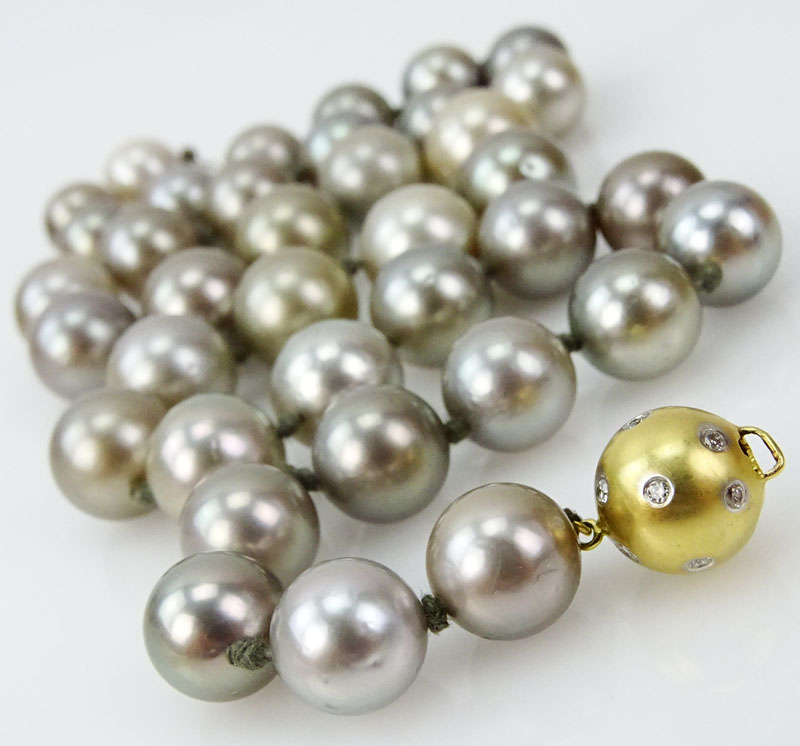 Single Strand Graduated Tahitian Grey Pearl Necklace with 18 Karat Yellow Gold and Diamond Ball Clasp