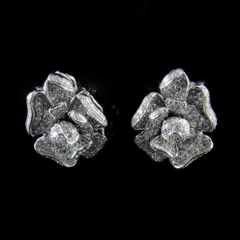 Carat Pave Set Round Brilliant Cut Diamond and 18 Karat White Gold Flower Earrings.