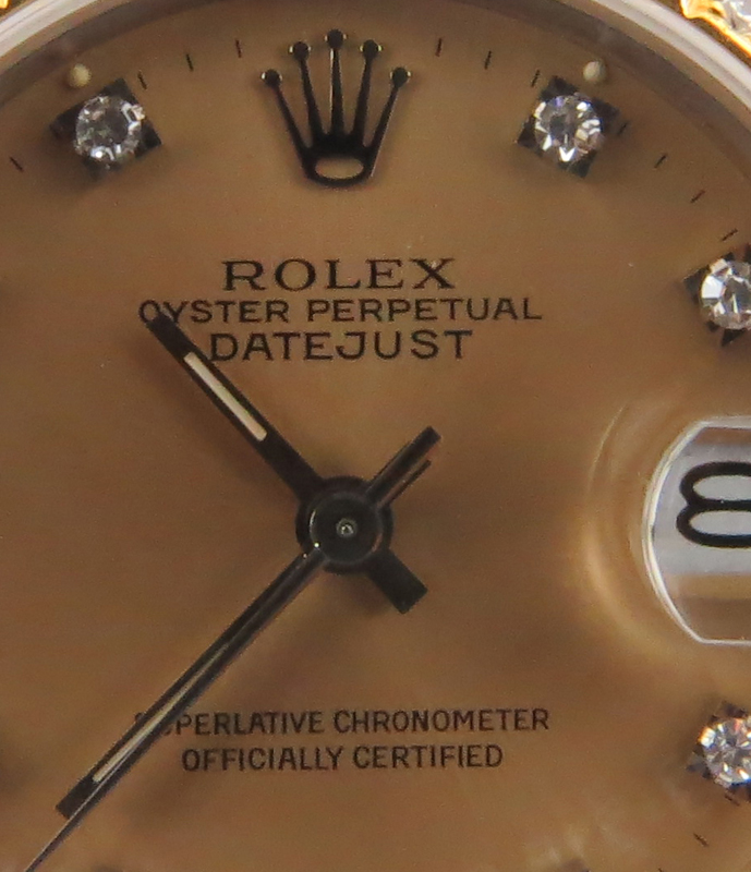 Man's Rolex 18K Tridor DateJust Automatic Movement Bracelet Watch with Diamond Hour Markers and Diamond Bezel