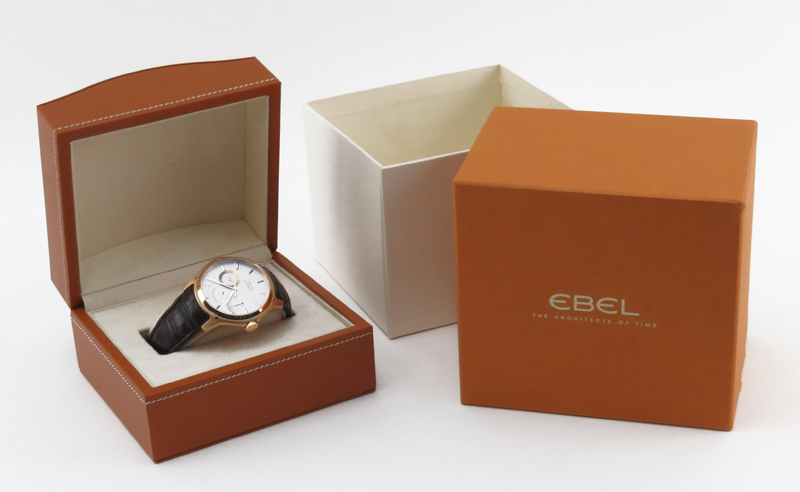 Man's Ebel 18 Karat Yellow Gold "Classic Hexagon" Automatic Movement Watch with Power Reserve Indicator and Crocodile Strap