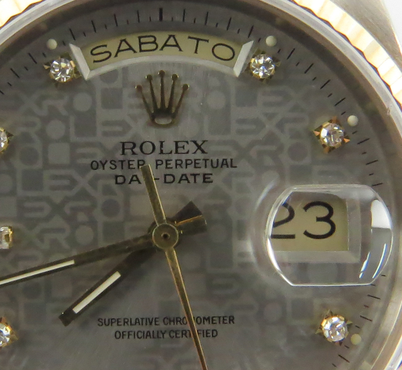 Man's Rolex Day-Date Tridor Automatic Watch with 18K White, Yellow and Rose Gold President Link Bracelet and Deployment Closure, Gray Jubilee Dial and Diamond Hour Markers