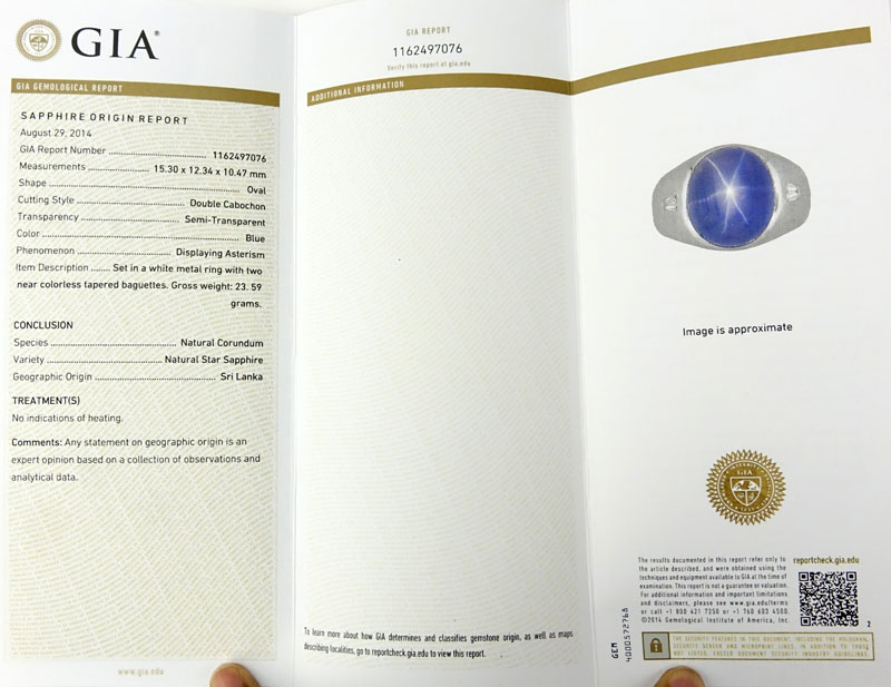 GIA Certified Man's Approx. 23.0 Carat Unheated Double Cabochon Ceylon/Sri Lanka Star Sapphire, Platinum and Diamond Ring