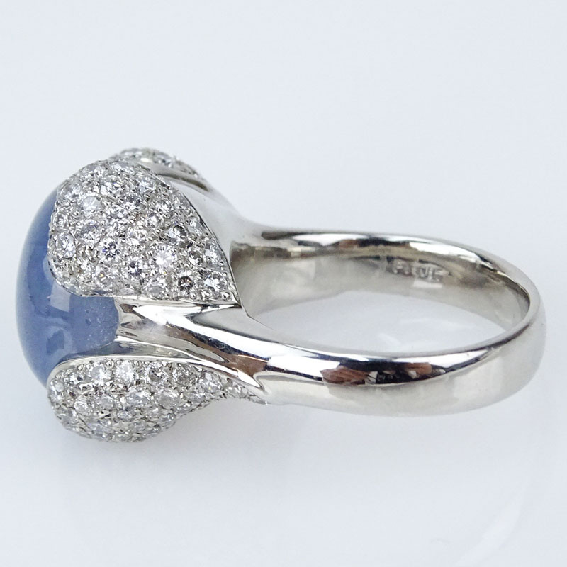 Approx. 20.36 Carat Cabochon Star Sapphire, 2.14 Carat Pave Set Round Brilliant Cut Diamond and Platinum Ring