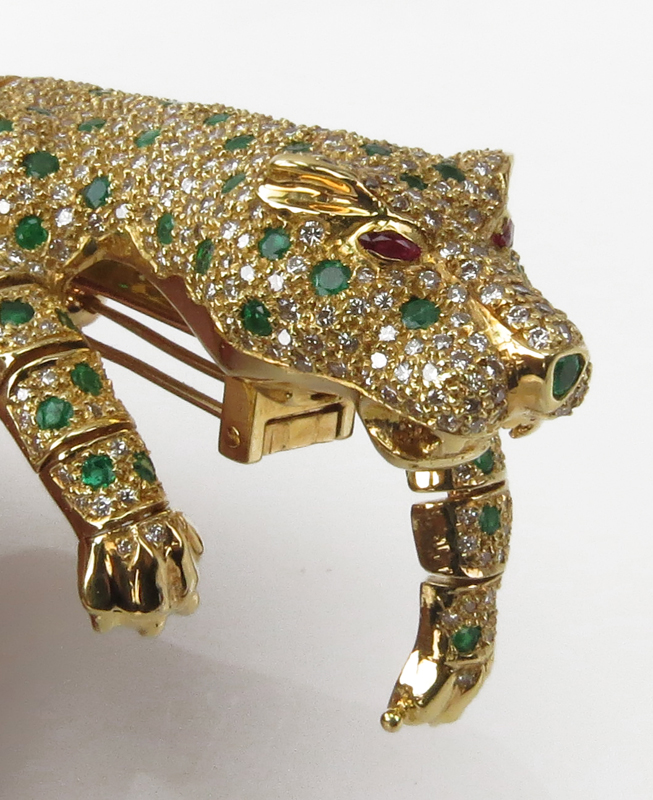Large Vintage Cartier Design Articulated 18 Karat Yellow Gold Panther Bracelet / Brooch Accented throughout with Pave Set Diamonds and Emeralds and Ruby Eyes