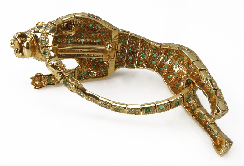 Large Vintage Cartier Design Articulated 18 Karat Yellow Gold Panther Bracelet / Brooch Accented throughout with Pave Set Diamonds and Emeralds and Ruby Eyes
