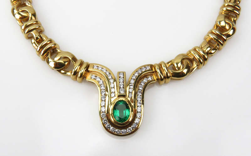 Vintage Bulgari style 18 Karat Yellow Gold, 1.73 Carat Oval Cut Colombian Emerald and 1.65 Diamond Necklace