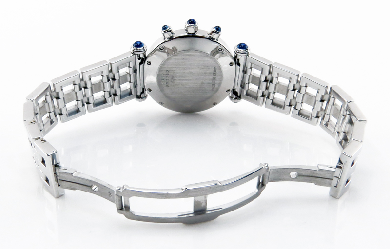 Man's Chopard 18 Karat White Gold Chronometer Bracelet swatch with Pave Set Diamond Overlay to Crystal, Mother of Pearl Dial and Sapphire Accents