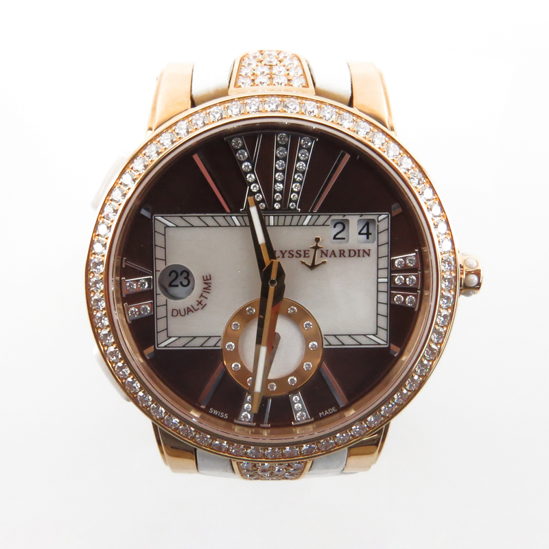 Lady's Ulysse Nardin Executive Lady 18K Rose Gold Diamond Automatic Watch 246-10B-30-05 with Diamond Bezel and Hour Markers and Chocolate Mother of Pearl Dial, Crocodile Strap