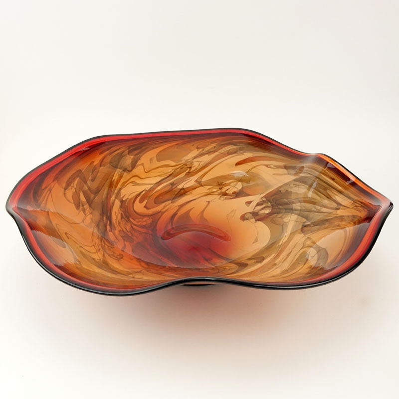 LaChaussee Blown Glass (20th Century) Red to Orange Marble Style Centerpiece Bowl