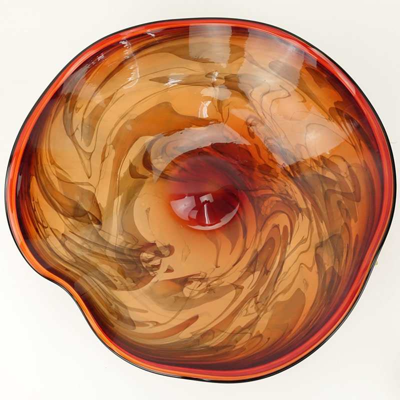 LaChaussee Blown Glass (20th Century) Red to Orange Marble Style Centerpiece Bowl