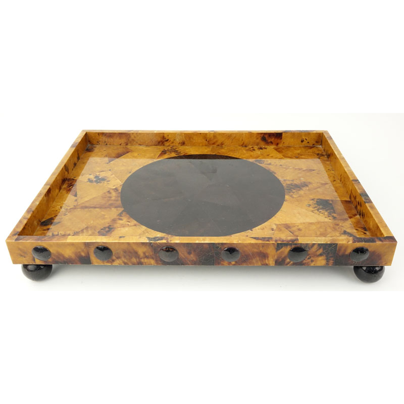 Mid Century Modern Tortoise Shell Style Lacquered Inlaid Footed Tray