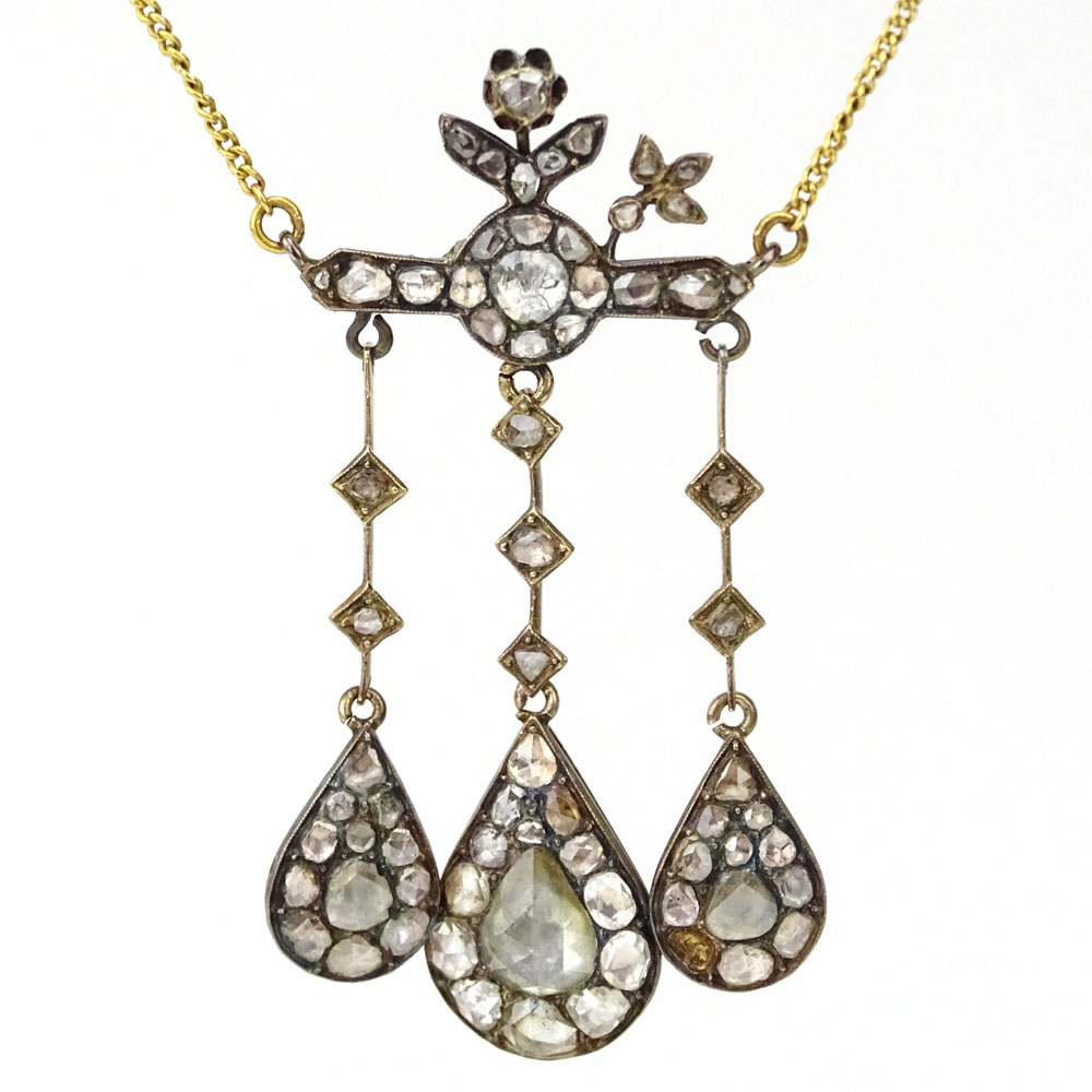 Antique Rose Cut Diamond and 10 Karat Yellow  Pendant Necklace with 18 Karat Yellow Gold Chain