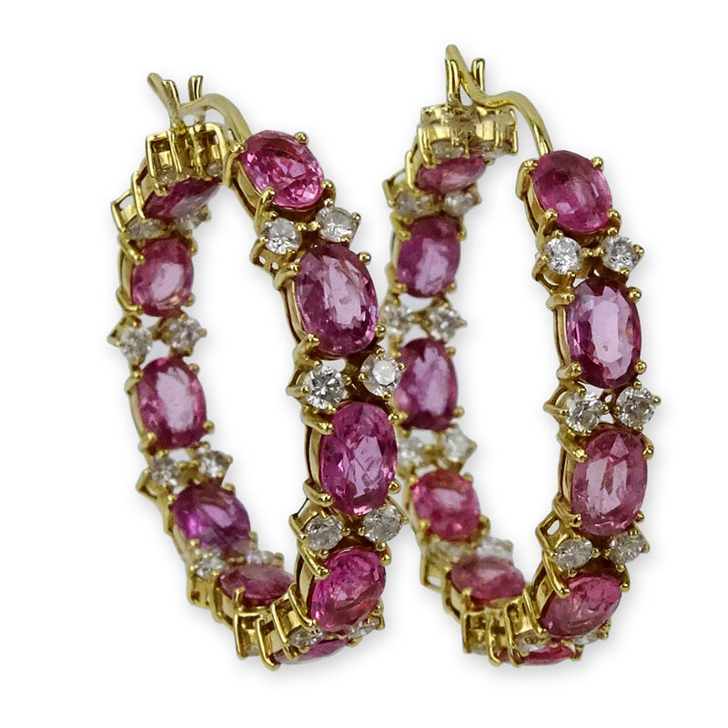 17.91 Carat Oval Cut Pink Sapphire, 3.25 Carat Round Brilliant Cut Diamond and 18 Karat Yellow Gold Hoop Earrings. 