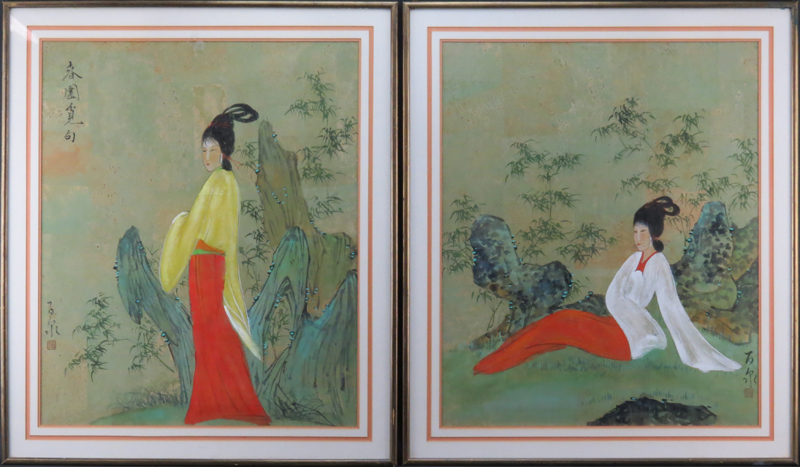 Pair of Chinese (20th Century) Mixed Media Paintings on Cork Paper "Posing Beauty" Signed