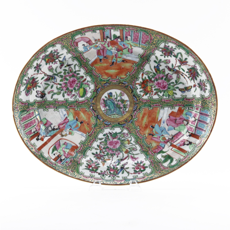 Antique Chinese Rose Medallion Oval Porcelain Serving Dish