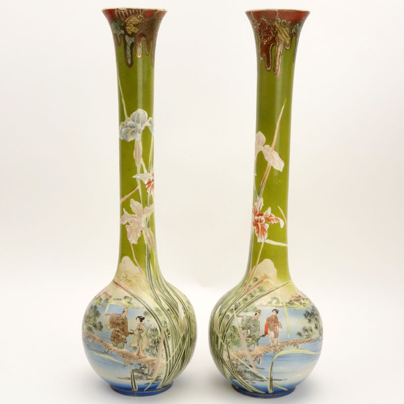 Pair of 19th Century Satsuma Japanese Handpainted Earthenware Long Neck Vases