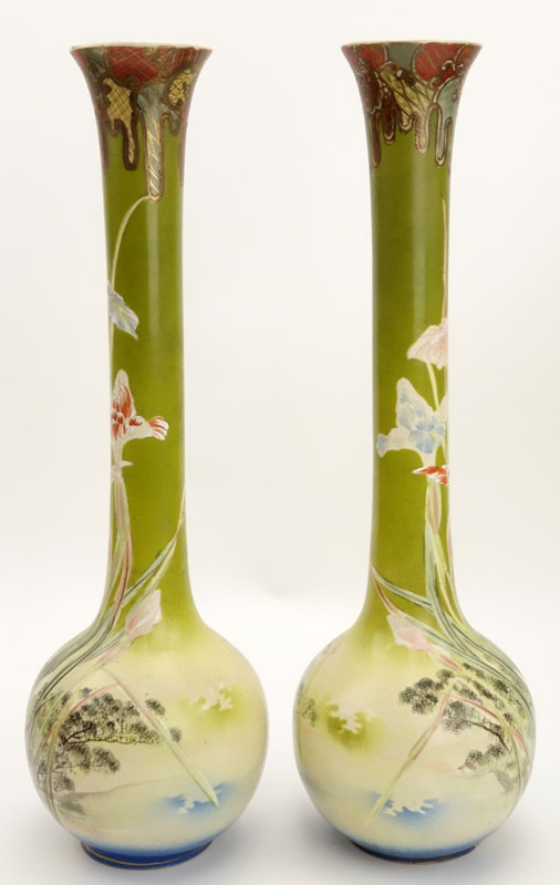 Pair of 19th Century Satsuma Japanese Handpainted Earthenware Long Neck Vases