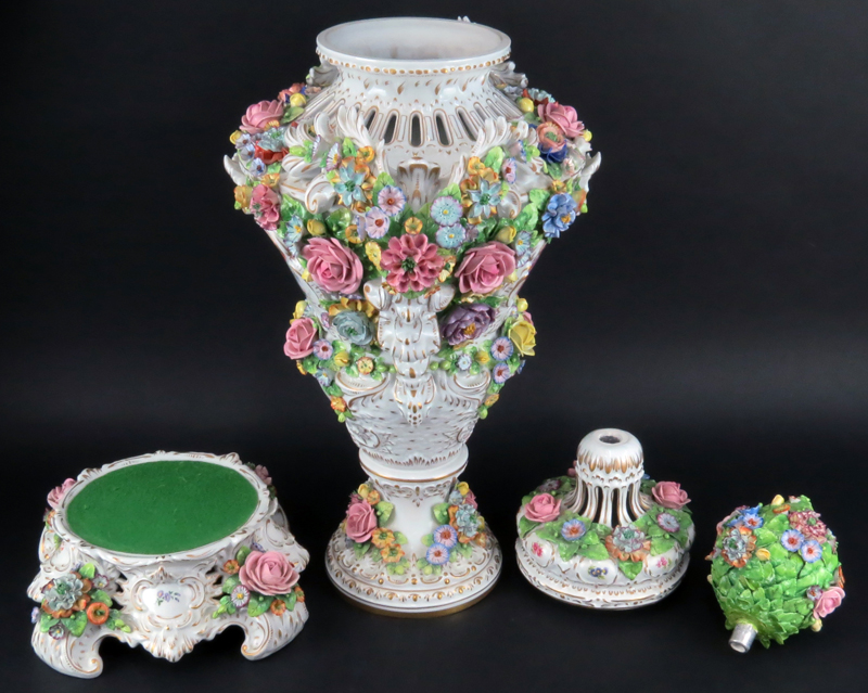 Pair of Monumental Antique Sitzendorf Hand Painted Porcelain Covered Urns