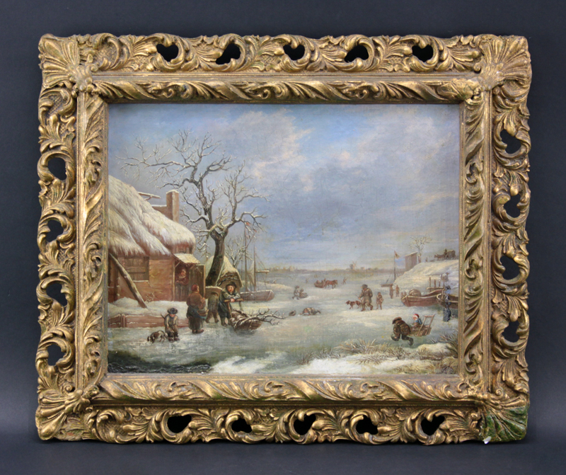Antique Dutch School Oil on Canvas Winter Scene