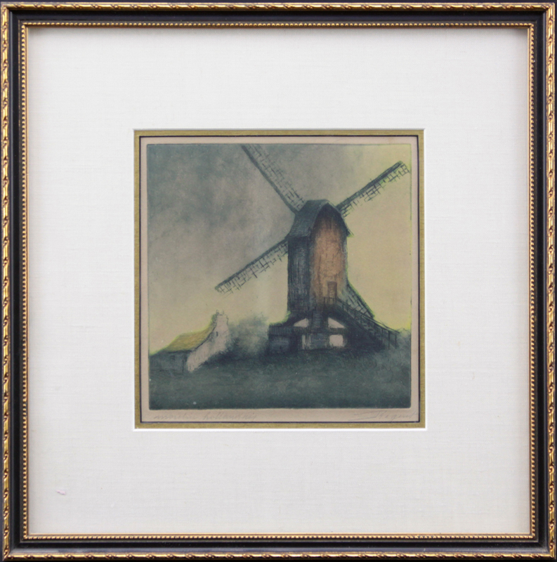 Vintage Dutch School Colored Etching "Moulin Hollandais" Pencil Signed and Titled