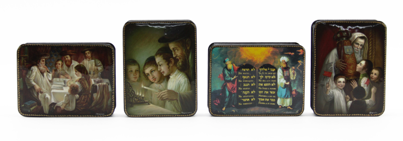Grouping of Seven (7) Vintage Russian Judaica Lacquered Boxes