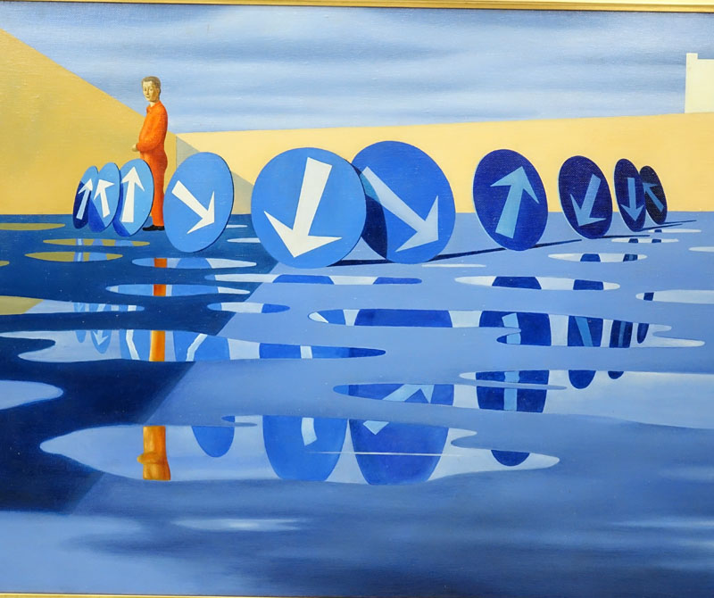 After: Jeffrey Smart, Australian (1921-2013) Oil on Canvas, "Reflecting Signs"
