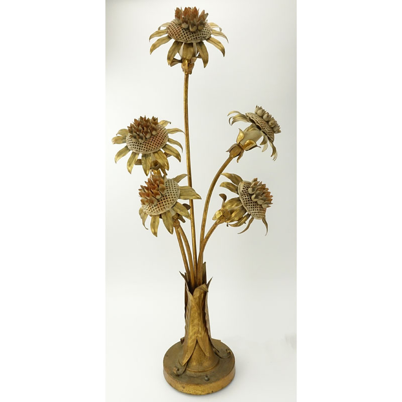 Mid-Century Italian Floral Tole Gilt Metal Sunflower Lamp