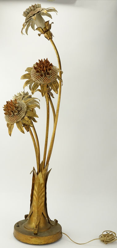 Mid-Century Italian Floral Tole Gilt Metal Sunflower Lamp
