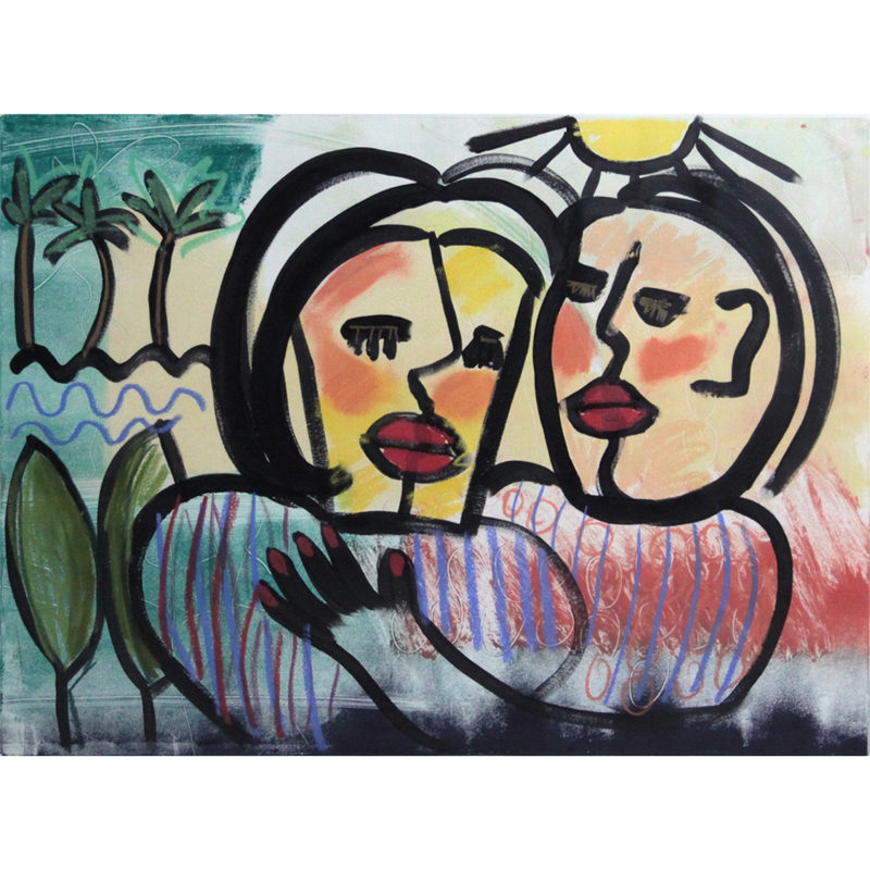 Jacqueline (Jackie) Holland Berkley, American (20th Century) Mixed Media on Paper "Couple Under The Sun" Pencil Signed and Numbered VI