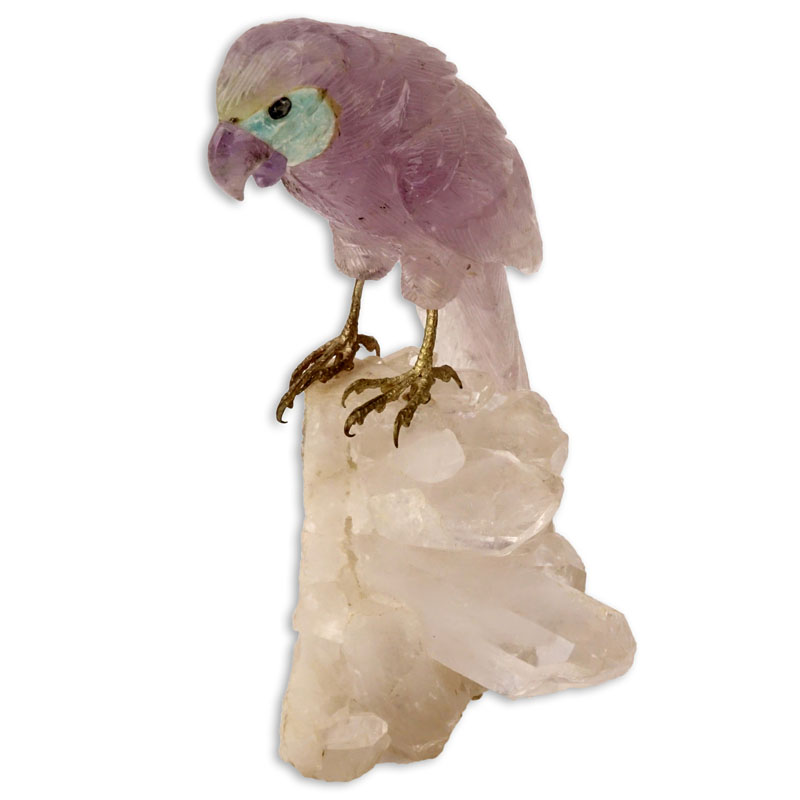 Carved Amethyst Parrot Figurine Mounted on Rock Crystal Base