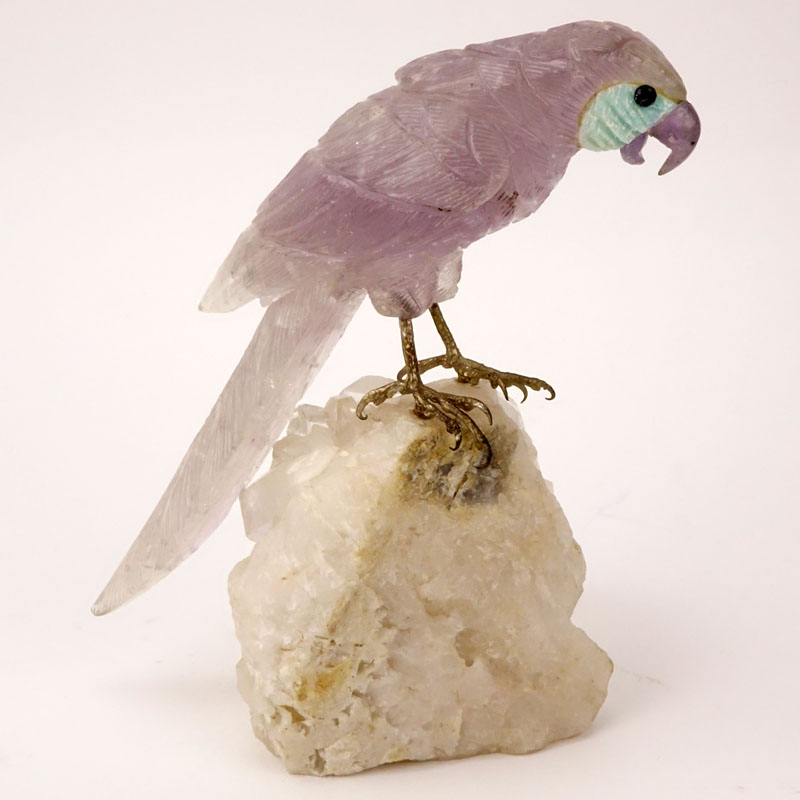 Carved Amethyst Parrot Figurine Mounted on Rock Crystal Base