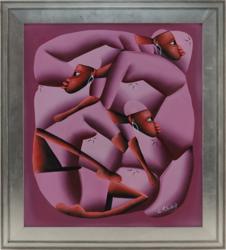 Laurent Casimir, Haitian (1928-1990) Oil on Canvas "Villagers in Rose" Signed Lower Right
