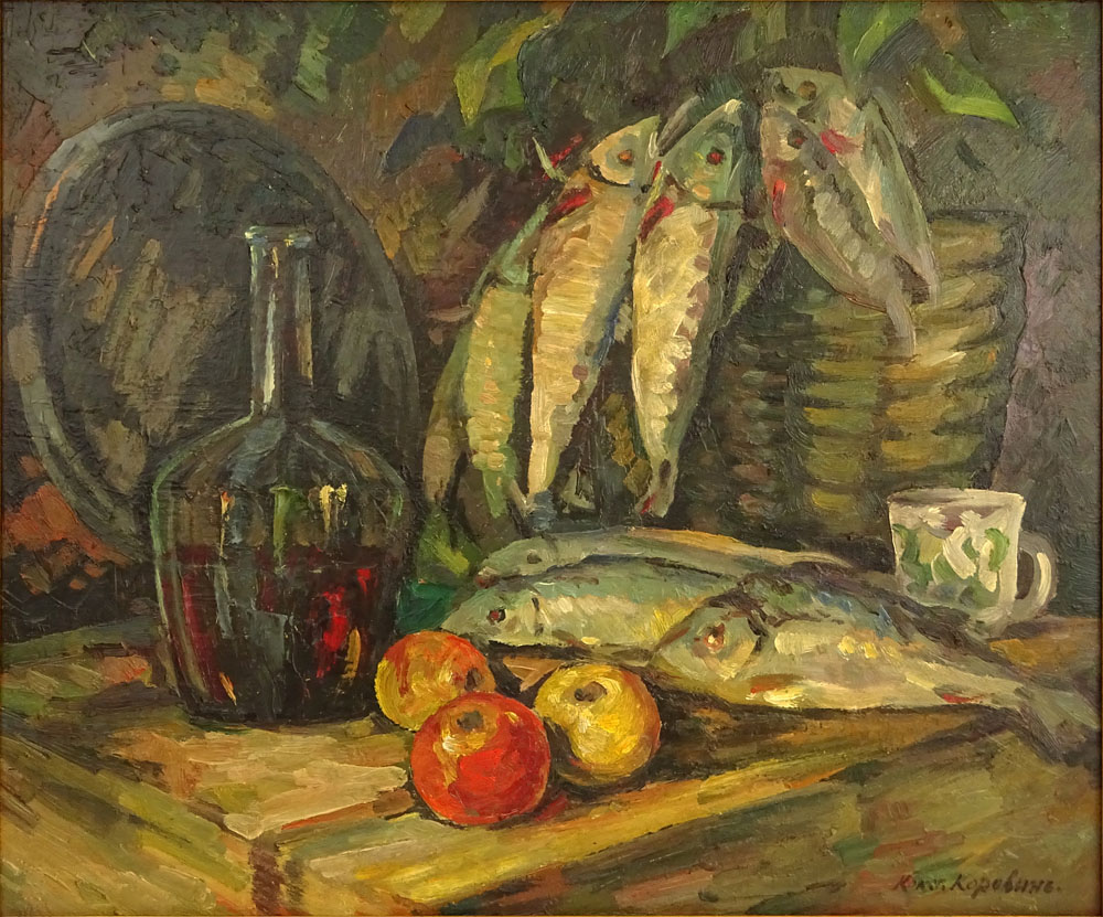 Attributed to: Konstantin Korovin, Russian Oil on canvas, Still Life with Fish
