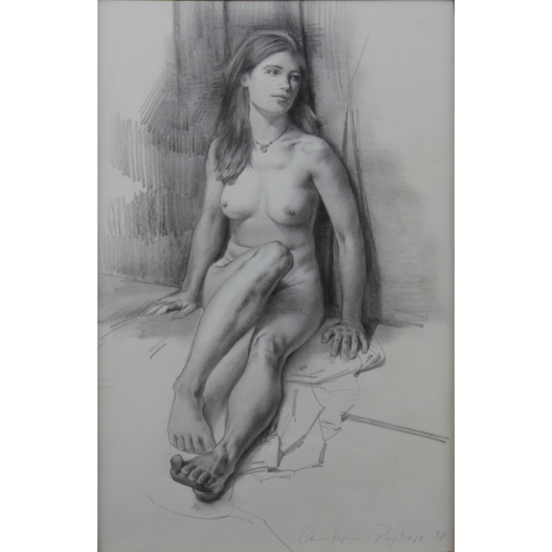 Christopher Winter Pugliese, American (b-1968) Pencil Drawing on Paper "Seated Nude" Signed and Dated 1998 Lower Right