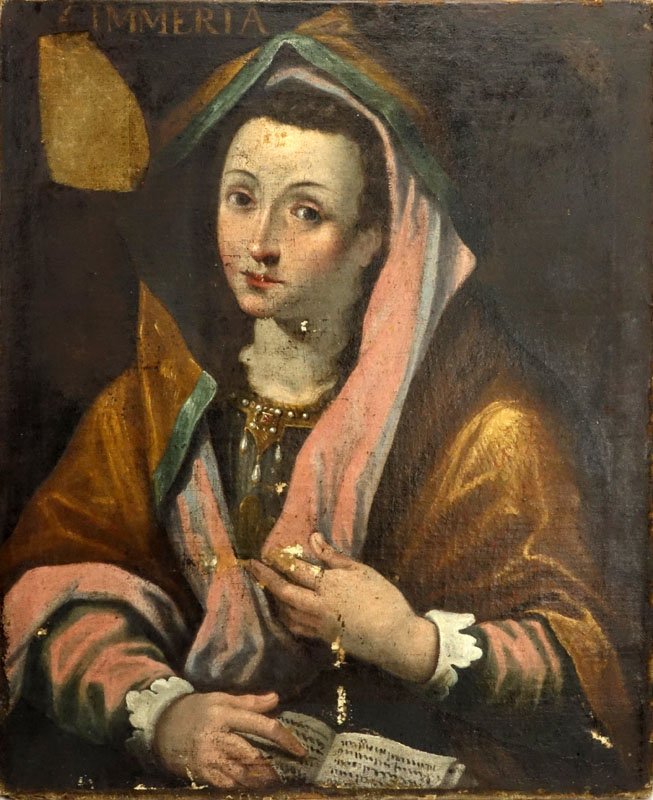 16/17th Century Bologna Oil Painting "Cimmerian Sibyl" Laid on Canvas and Stretched on Frame