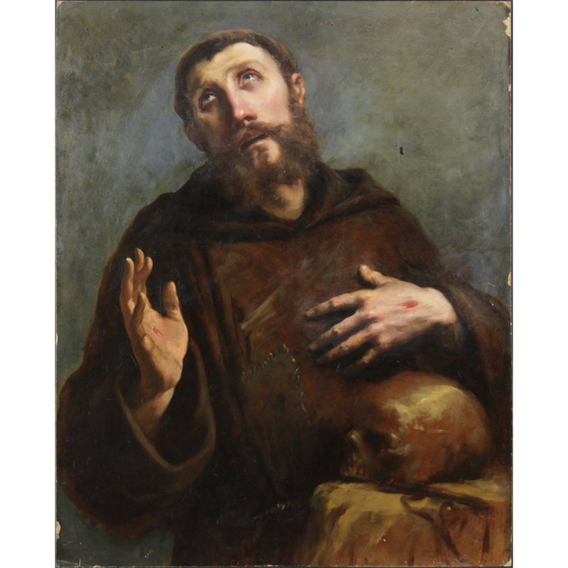 17/18Th Century Italian School Oil Painting of St. Francis Laid on Masonite.