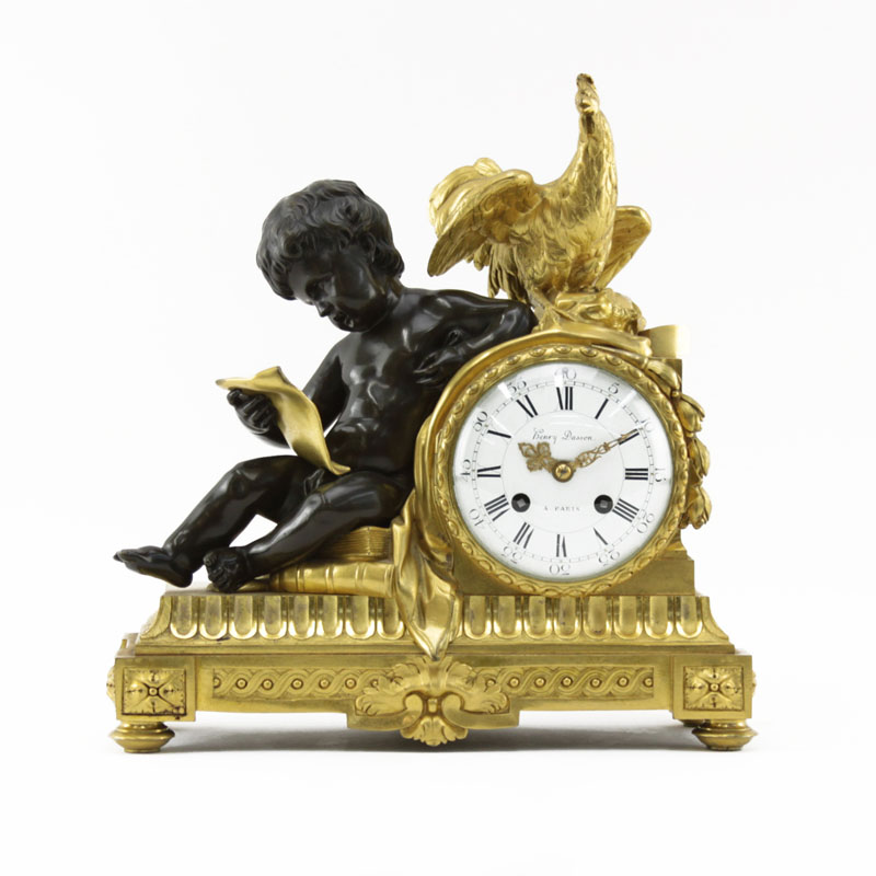 Gilt and Patinated Bronze Louis XVI Style Mantel Clock by Henry Dasson