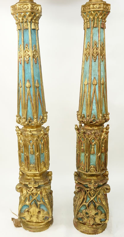 Pair of 18/19th Century Russian Polychrome and Gilt Gesso Over Wood Columns