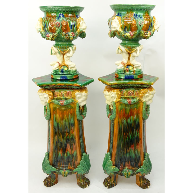 Pair of Majolica Figural Jardinieres on Matching Pedestals
