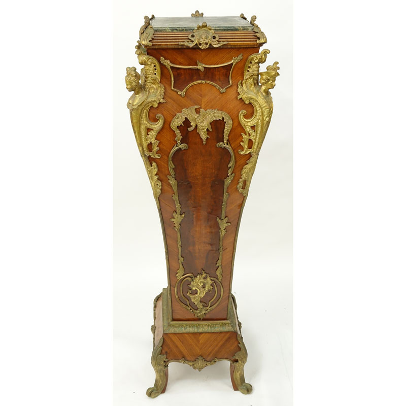 Large 20th Century Louis XVI Style Inlaid and Burlwood Gilt Bronze Marble Top Pedestal