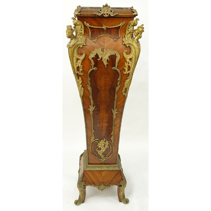 Large 20th Century Louis XVI Style Inlaid and Burlwood Gilt Bronze Marble Top Pedestal