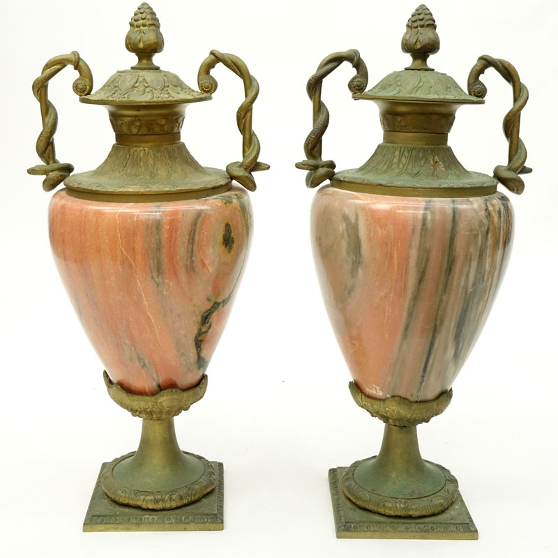 Pair of Mid Century French Style Rose Marble and Gilt Bronze Mounted Urns