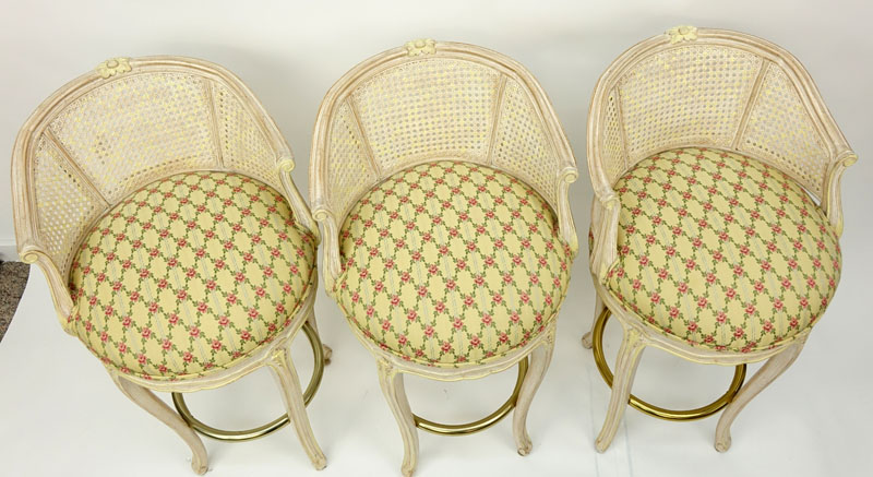 Set of Three (3) Mid Century Carved Venetian Style Cane Back and Upholstered Bar Stools